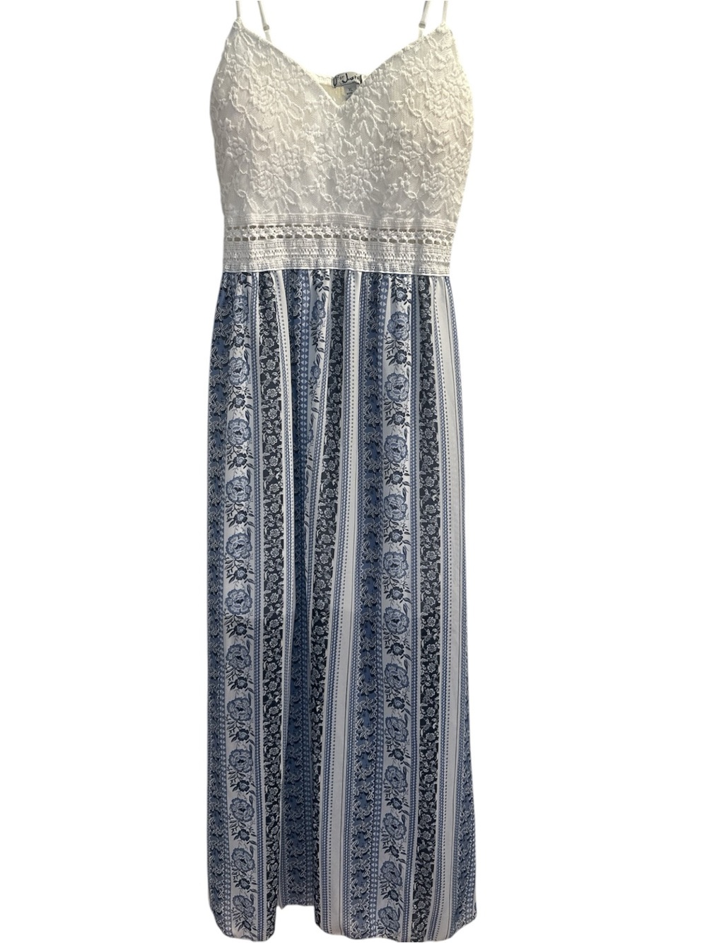 J for Justify Cream Crochet Bodice Blue Striped Maxi Dress - Picture 6 of 9